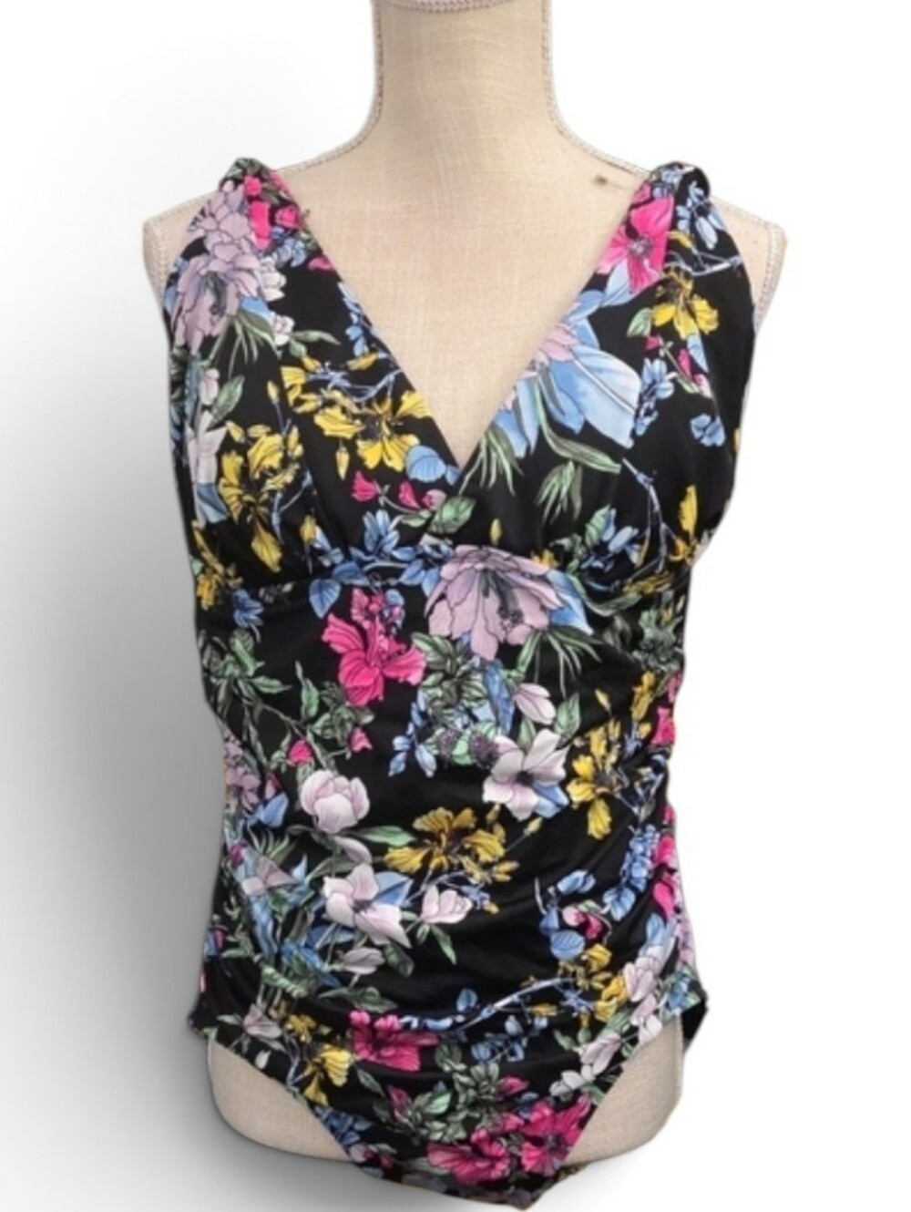 Time and Tru Black Floral V-Neck One-Piece Swimsuit